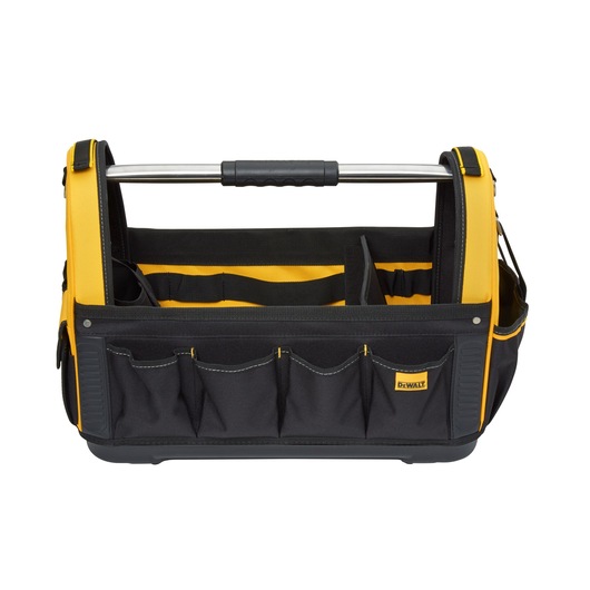 A DEWALT open tote tool bag with a metal handle and multiple exterior pockets. The bag is black with yellow accents and features a sturdy design suitable for carrying tools and accessories.