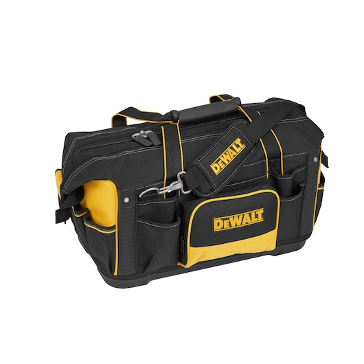 A black and yellow DEWALT tool bag with multiple pockets, a zippered main compartment, and an adjustable shoulder strap, designed for carrying and organizing tools.