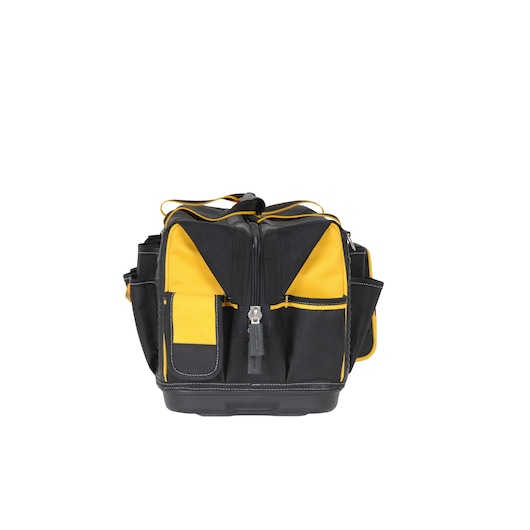 A DEWALT black and yellow tool bag with multiple pockets and a zippered main compartment, designed for carrying and organizing tools.