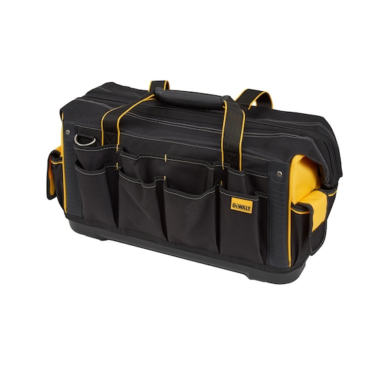A black and yellow DEWALT tool bag with multiple exterior pockets, sturdy handles, and a reinforced base, designed for carrying and organizing tools.