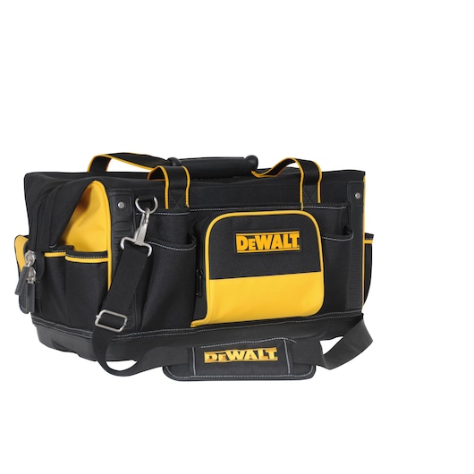 A DEWALT branded black and yellow tool bag with multiple pockets, zippers, and a shoulder strap, designed for carrying tools and accessories.