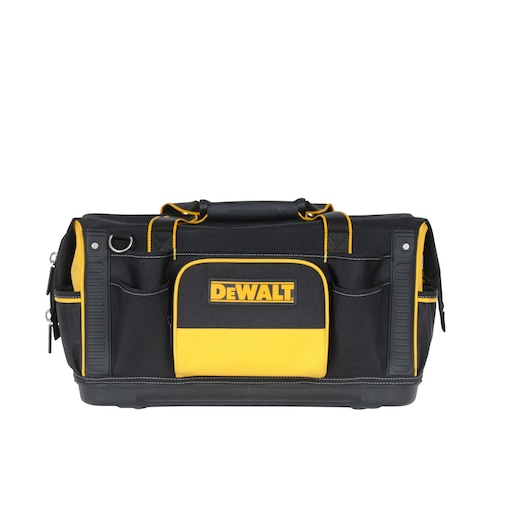 A black and yellow DEWALT tool bag with multiple pockets and a sturdy handle, shown against a white background.