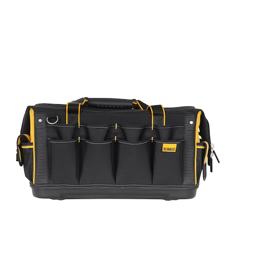 A black DEWALT tool bag with yellow accents, multiple exterior pockets, a sturdy handle, and reinforced edges, designed for carrying tools and accessories.