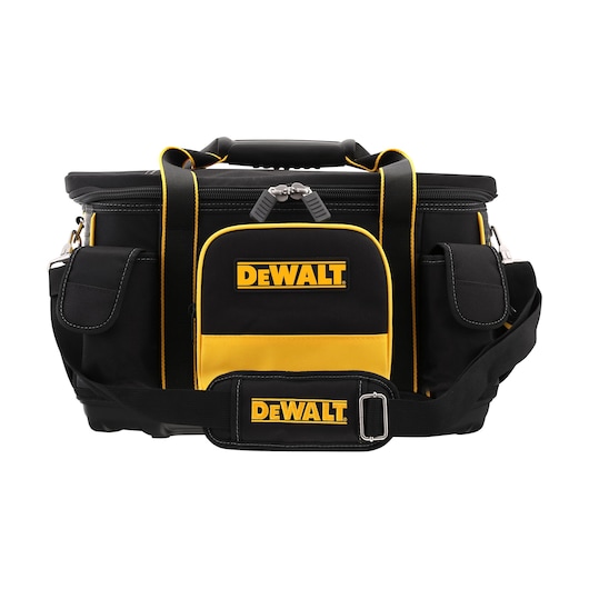 A DEWALT black and yellow tool bag with multiple pockets, zippers, and a shoulder strap, designed for carrying tools and accessories.