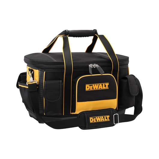 A DEWALT branded black and yellow tool bag with multiple pockets, zippers, carrying handles, and a shoulder strap.