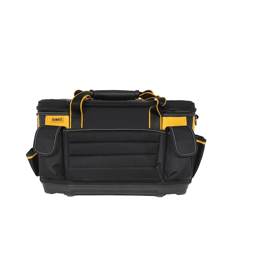 DEWALT black and yellow tool bag with multiple pockets and a reinforced handle, designed for carrying tools and accessories.