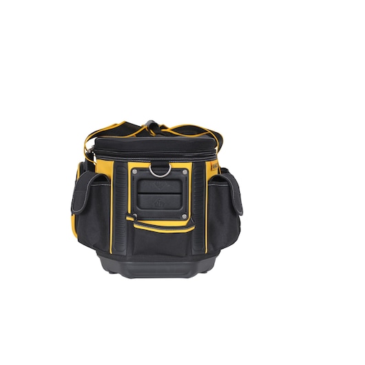 A DEWALT branded black and yellow tool bag with multiple pockets and a sturdy base, suitable for carrying tools and accessories.