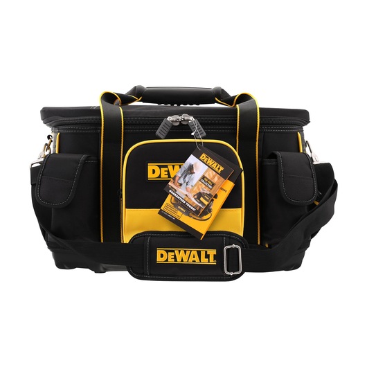 A DEWALT branded tool bag in black and yellow with multiple pockets and a shoulder strap, photographed on a white background.