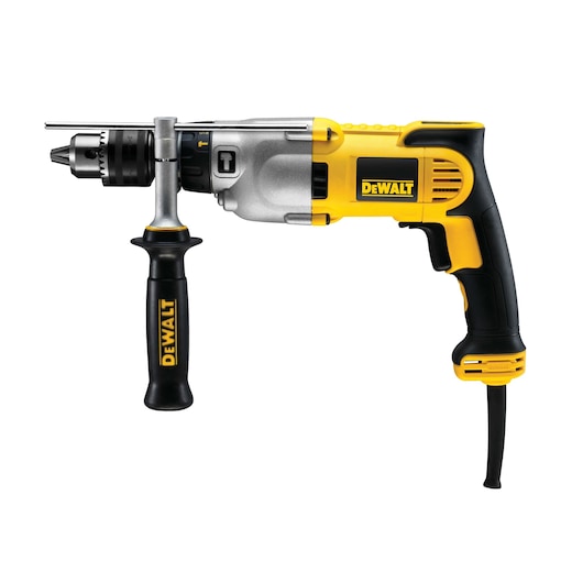 A DEWALT D21570K electric drill with a side handle and a yellow and black design.