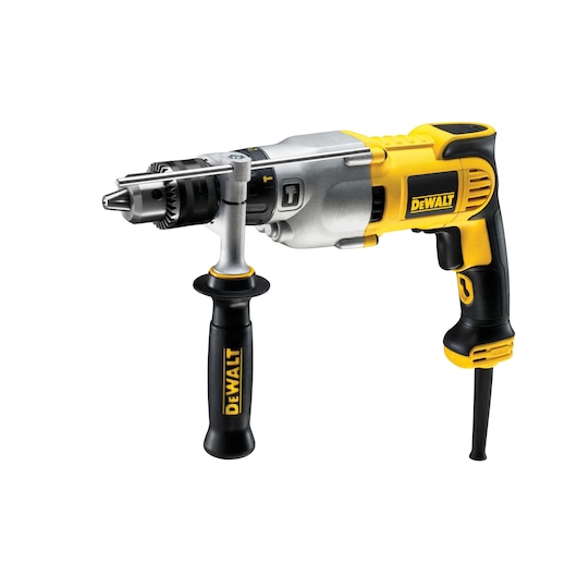 DEWALT corded electric drill with side handle and metal chuck, shown on a white background.