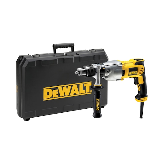 A DEWALT corded electric drill with an auxiliary handle is shown next to a hard black carrying case with the DEWALT logo.