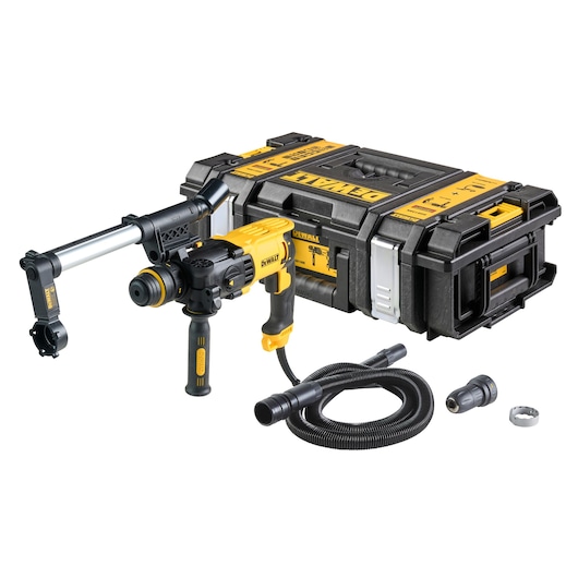 A yellow and black DEWALT rotary hammer drill (model D25135K) with side handle, black and yellow carrying case, flexible hose, and attachments displayed on a white background.
