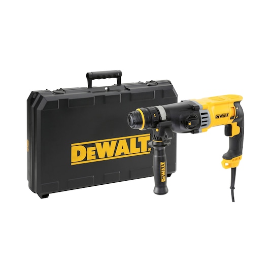 A DEWALT branded yellow and black corded rotary hammer drill with an auxiliary handle, shown next to a sturdy black carrying case with the DEWALT logo.