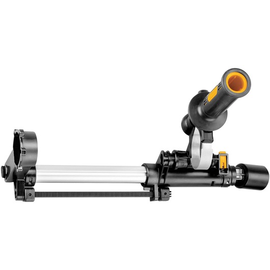 A close-up of a DEWALT detachable dust extraction unit, designed for use with compatible rotary hammer tools. The unit features a cylindrical nozzle, an adjustable arm, and a mounting bracket.