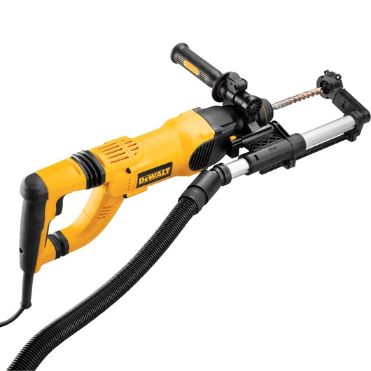 A yellow and black DEWALT power drill with an attached dust extraction system, suitable for professional use in construction or DIY projects.
