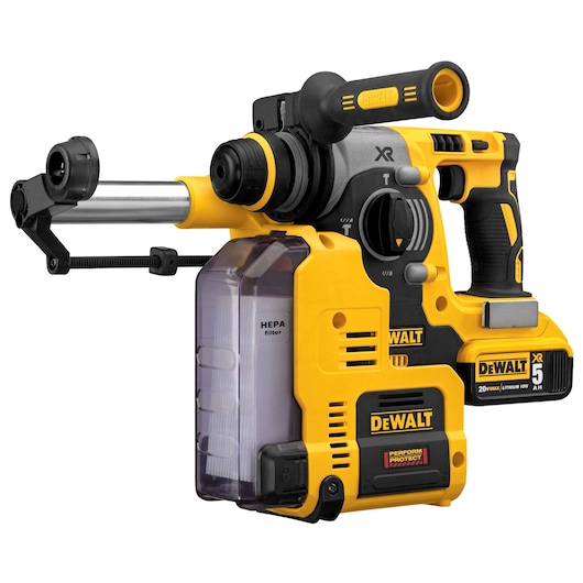 A yellow and black DEWALT cordless rotary hammer drill with a HEPA filter dust extraction system, 20V lithium-ion battery, and ergonomic handle.