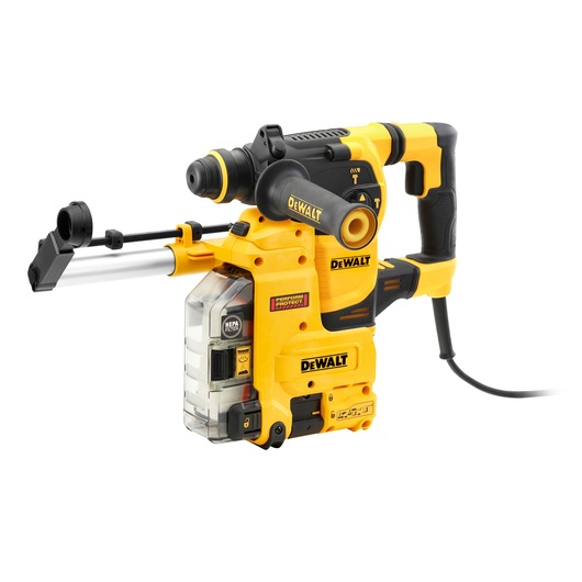 A DEWALT electric rotary hammer drill with an integrated dust extraction system, designed for heavy-duty construction tasks. The tool is yellow and black with visible handles, trigger, and dust collection chamber.