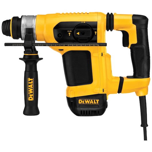 A yellow and black DEWALT rotary hammer drill with a side handle and depth gauge, model D25413K, shown from the side.