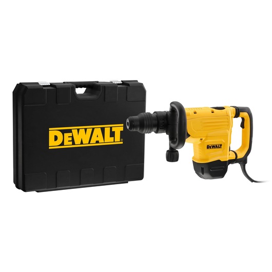 A yellow and black DEWALT demolition hammer next to a black DEWALT carrying case.
