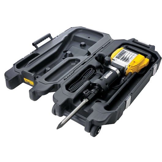 DEWALT breaker tool in a hard plastic carrying case with handle, shown open with cord and accessories.