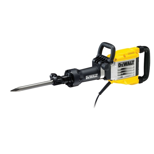DEWALT electric demolition hammer with pointed chisel, yellow and black design, corded model, side handles.