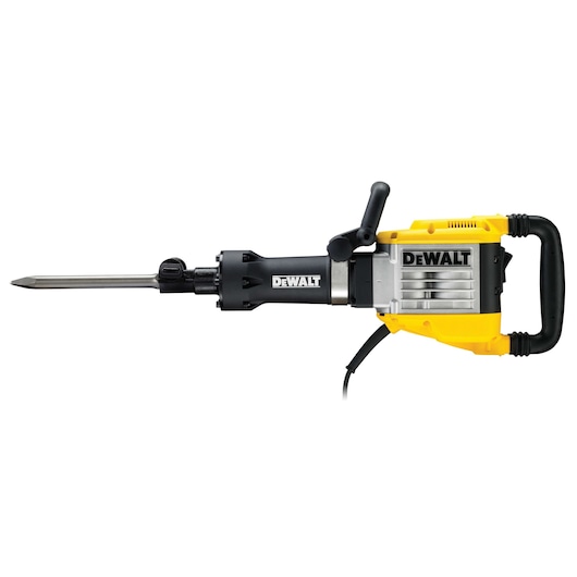 Electric demolition hammer with handle and chisel bit. Yellow and black DEWALT tool shown on white background.
