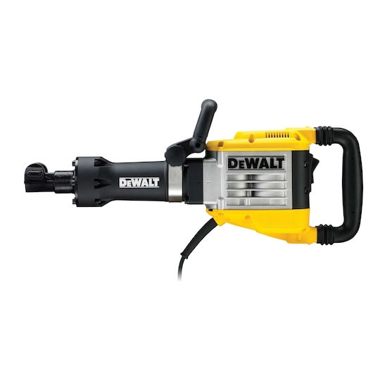 A DEWALT electric demolition hammer with a yellow and black design, featuring a large handle and a robust metal body.