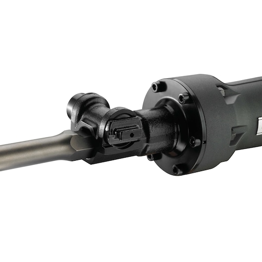 Close-up view of the head and attachment area of a DEWALT demolition hammer, SKU D25961K, showing the tool's metal and black components.