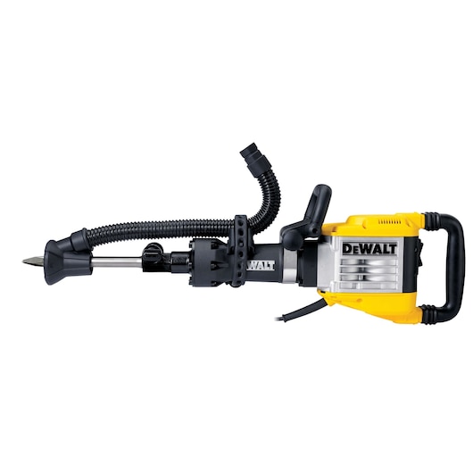 A DEWALT heavy-duty electric demolition hammer with a yellow and black body, attached vacuum dust extraction hose, and ergonomic handles.