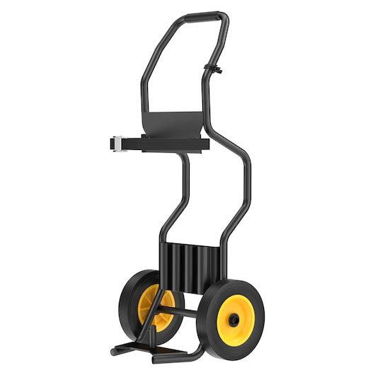 Black metal cart with two yellow wheels and a handle, designed for transporting heavy tools or equipment.