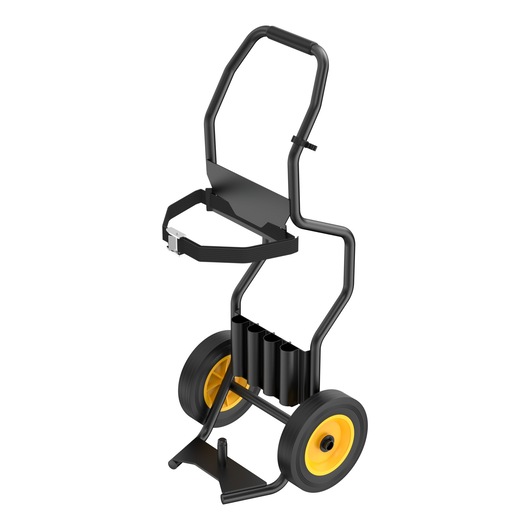 DEWALT trolley with two yellow wheels, black frame, handle, and storage tubes for tools, on white background.