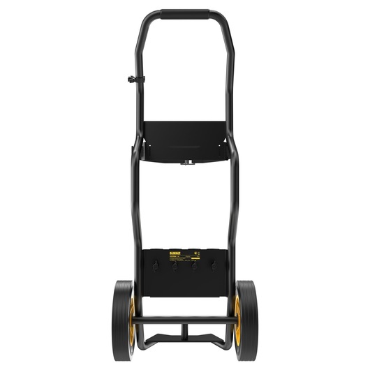 Black DEWALT equipment trolley with two wheels, sturdy handle, and platform for tool transport.