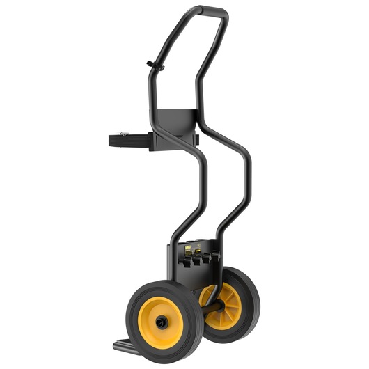 DEWALT black metal trolley with yellow wheels, designed for transporting heavy tools or equipment.