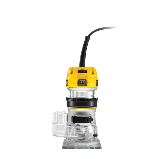 Front view of a DEWALT D26200 compact router with a yellow and black motor housing, clear plastic base, and attached power cord.