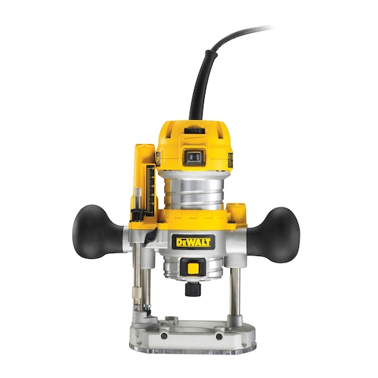 A DEWALT branded plunge router, model D26203, with a yellow and silver body, black handles on each side, and a power cord attached at the top. The tool is used for woodworking and precision cutting.