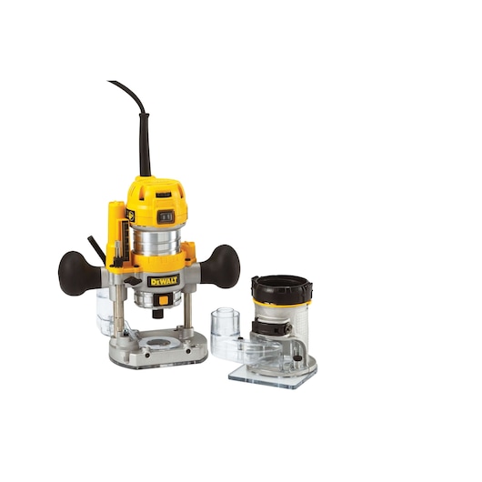 A DEWALT D26204K plunge and fixed base router for woodworking. The image shows the yellow and black electric router tool with a plunge base attached, and a separate fixed base next to it. Both bases have clear plastic shielding for visibility and dust protection.