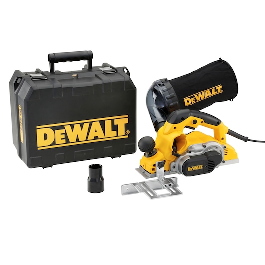 DEWALT D26500K electric planer set including a yellow and black planer with attached dust bag, a black hard carrying case with DEWALT logo, and additional accessories.