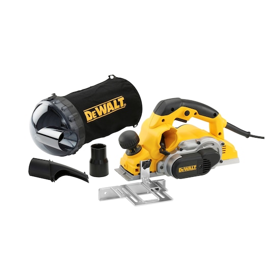 DEWALT electric planer set including a yellow and black planer, a dust bag, and multiple attachments, displayed on a white background.