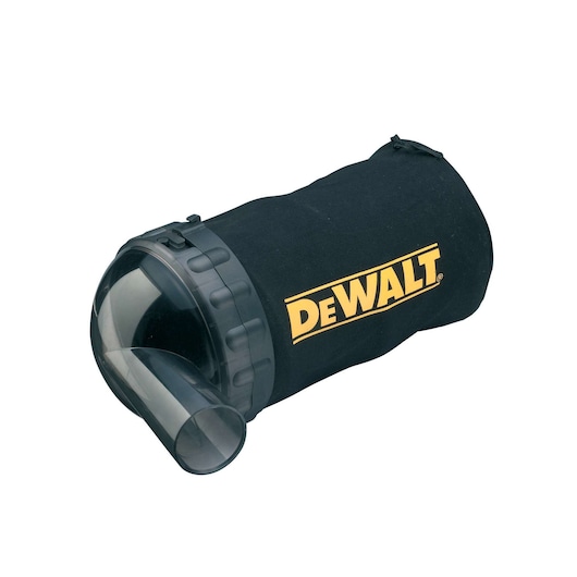 A DEWALT dust collection bag with plastic attachment, designed for use with power tools to collect sawdust or debris.