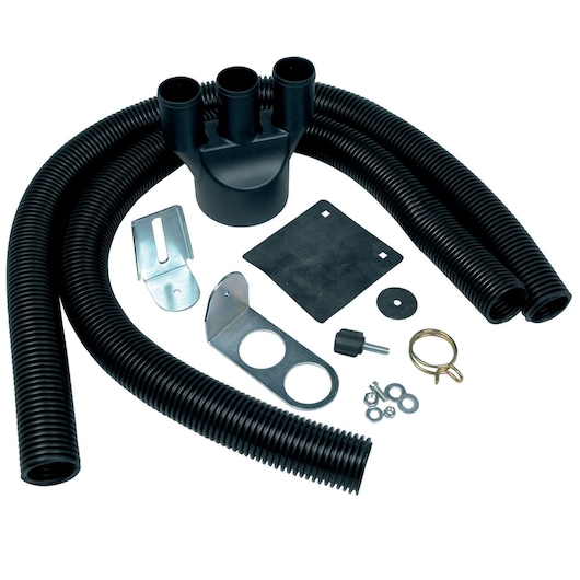 A DEWALT dust extraction kit consisting of black flexible hoses, plastic connectors, metal brackets, washers, screws, a rubber gasket, and other small mounting hardware parts.