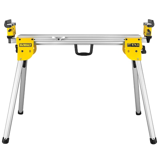A DEWALT metal miter saw stand with yellow and black accents, foldable legs, and a central carrying handle. The stand is designed to support power saws and woodworking tasks.