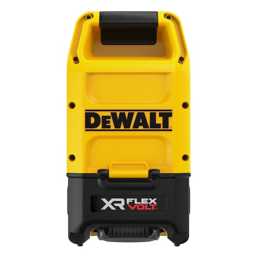 Front view of a DEWALT XR FLEXVOLT portable device in yellow and black, featuring a handle at the top and DEWALT branding in the middle. The lower part displays XR FLEXVOLT text.