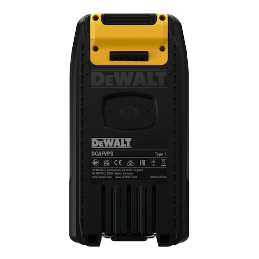 Rear view of a DEWALT DCAFVPS device, featuring a black and yellow design with product labeling and compliance icons visible.