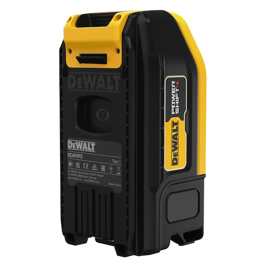 A DEWALT DCAFVPS device featuring 'Power Shift' branding, shown in black and yellow colors. The product has a rugged, rectangular design with a built-in handle and visible label with specifications.