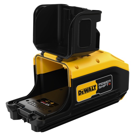 A close-up image of a DEWALT Power Shift accessory for photography, showing its open compartment and robust design in black and yellow colors.