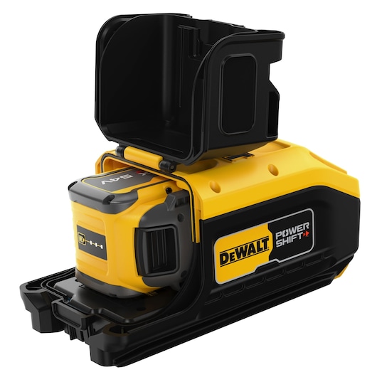 A DEWALT Power Shift photography accessory with a yellow and black design. The device features a compartment that is open, showing internal storage or docking area. The DEWALT logo and Power Shift branding are visible on the side.