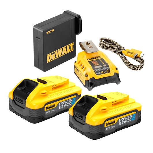 A DEWALT DCB094H2 kit consisting of two yellow and black 18V PowerStack lithium-ion batteries, a fast charger, a 100W USB-C power adapter, and a yellow USB-C braided charging cable.