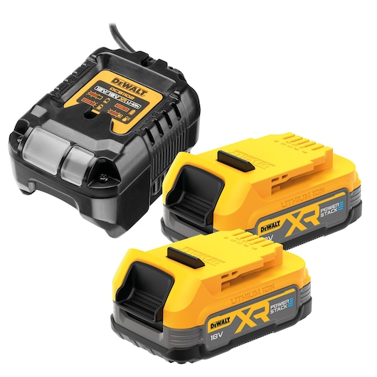 DEWALT charger and two yellow 18V XR lithium-ion batteries, shown together on a white background.
