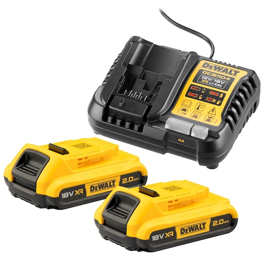DEWALT battery charger DCB1104 with two yellow 18V XR lithium-ion 2.0Ah batteries, shown on a white background.