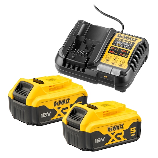 DEWALT DCB1104P2 kit with two 18V XR batteries and charger, yellow and black, for power tools.